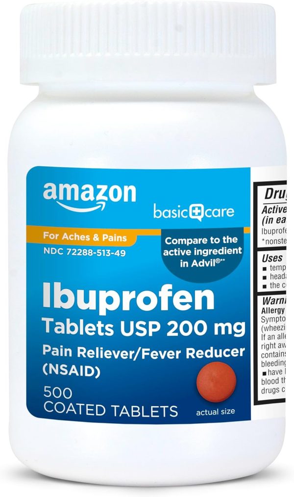 Amazon Basic Care Ibuprofen Tablets 200 mg, Pain Reliever/Fever Reduce...