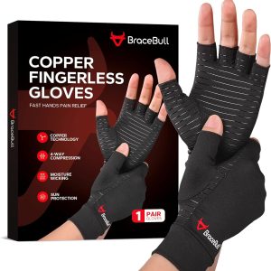 BraceBull Arthritis Gloves (1 Pair), Copper Infused Fingerless Compres...