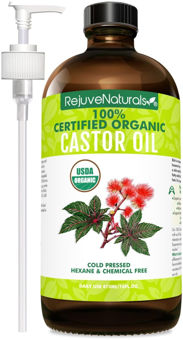 RejuveNaturals Castor Oil (16oz Glass Bottle) USDA Certified Organic, ...