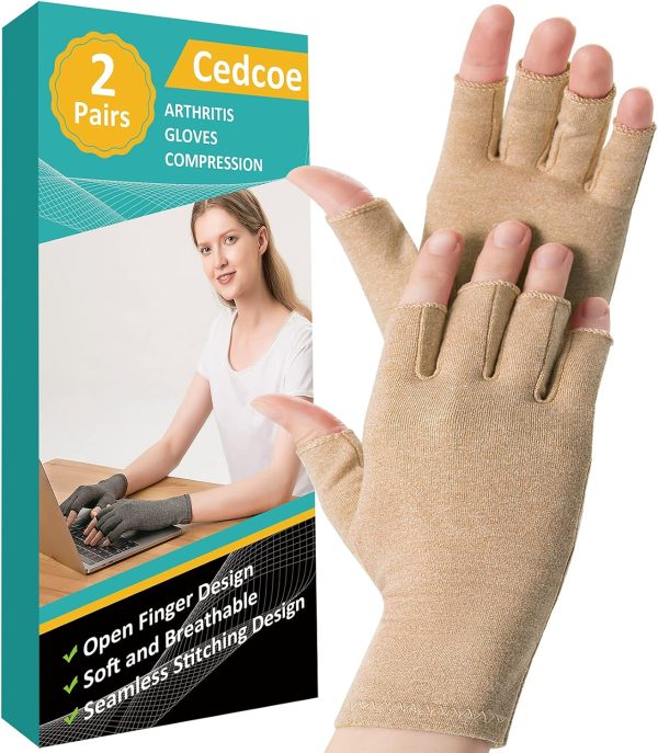2 Pairs Arthritis Gloves Fingerless Compression Gloves for Relieve Rhe...
