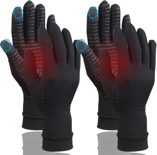 2 Pairs Full Finger Compression Gloves for Women Men, Copper Arthritis...