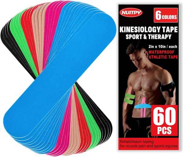 60PCS Precut Kinesiology Tape Strips, 6 Colors 2 inch x 10 inch Cotton...