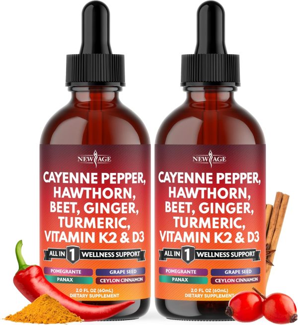Cayenne Pepper Supplement Liquid Drops + Hawthorn Berry, Vitamin D3 K2...