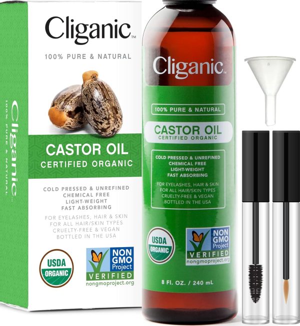 Cliganic USDA Organic Castor Oil, 100% Pure (8oz with Eyelash Kit) - F...