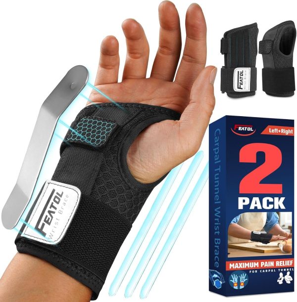 FEATOL 2 Pack Carpal Tunnel Wrist Brace For Work With Wrist Splint, 6....