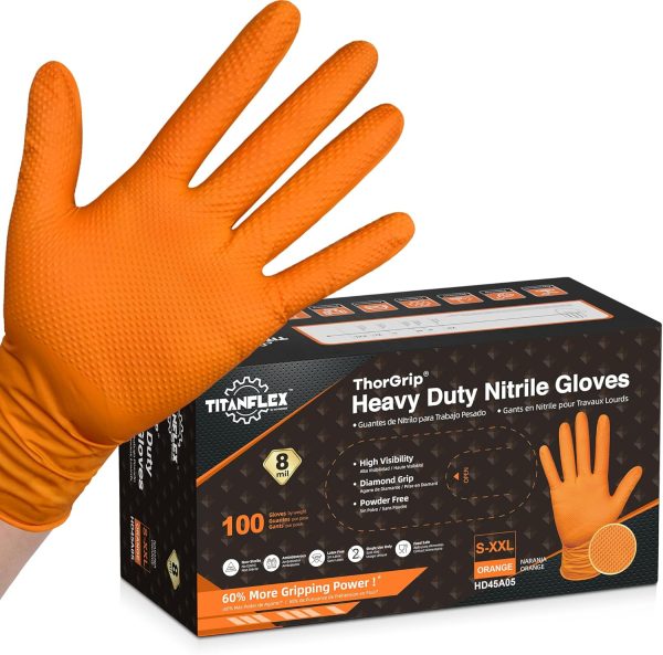 TitanFlex Thor Grip Heavy Duty Industrial Orange Nitrile Gloves with R...